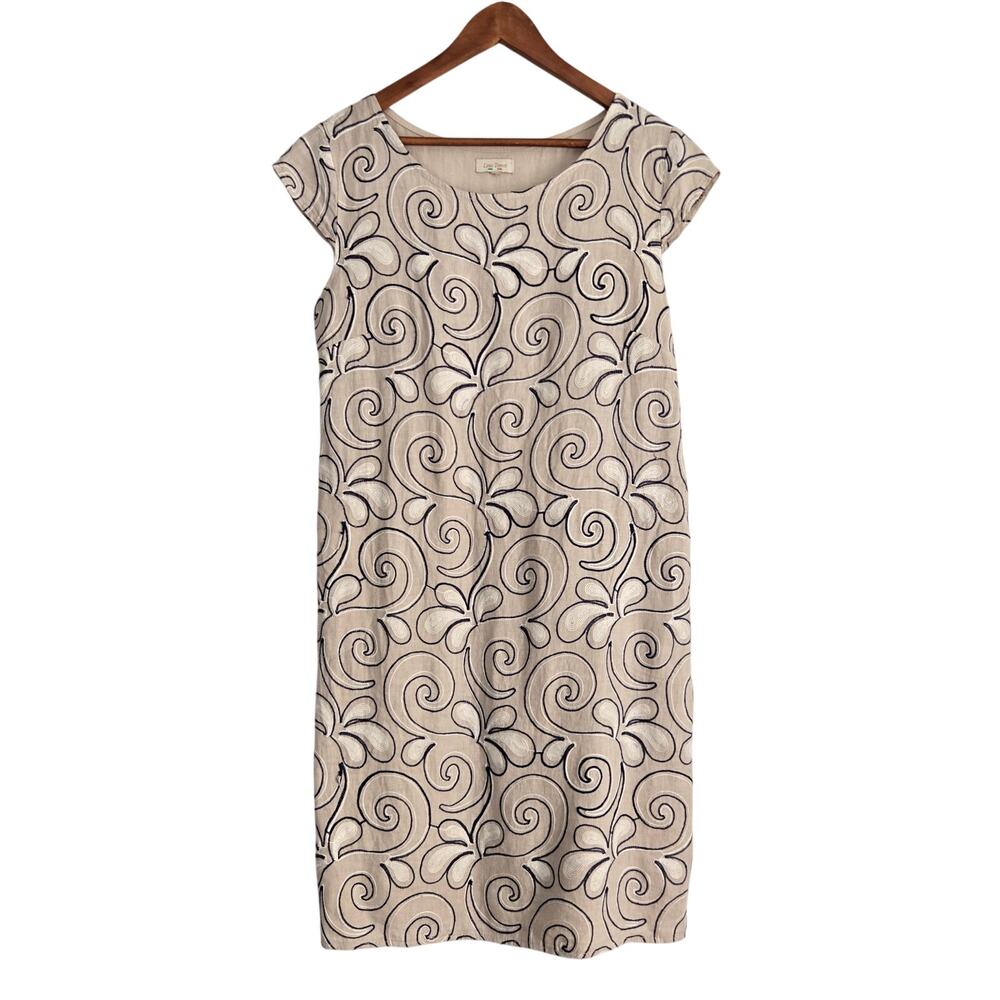 100% Italian Floral Embroiderd Tan Linen Shift Dress Boho Lagenlook Whimsical XL